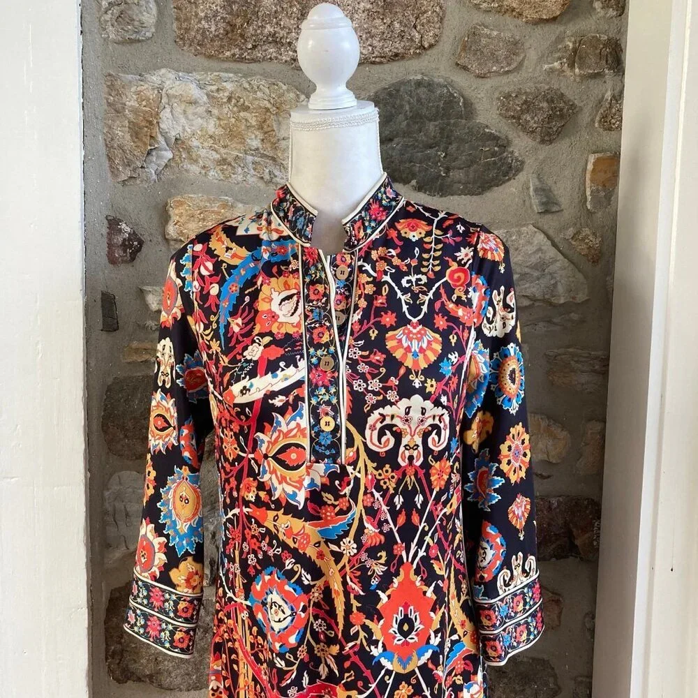 GRETCHEN SCOTT JERSEY MANDARIN DRESS MAGIC CARPET BLACK MULTI $189 Womens Small - Picture 3 of 11